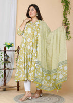 Miravan Women's Yellow Plus Size Floral Anarkali Kurta With Dupatta | Grocsy