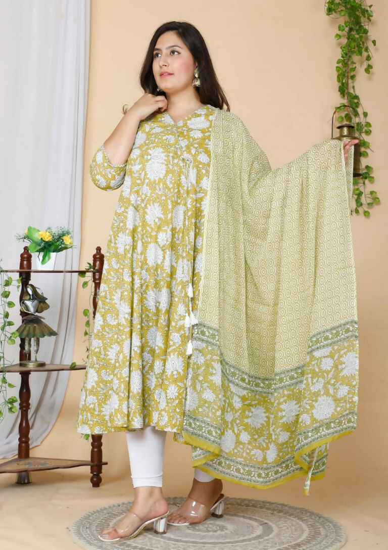 Miravan Women's Yellow Plus Size Floral Anarkali Kurta With Dupatta | Grocsy