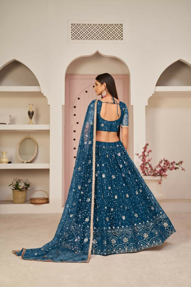 Aastha Fashion More Peach Butterfly Net All Over Thread Work, Zari Work And Sandwich Sequence Work Embroidery Wedding Wear Lehenga Choli | Grocsy