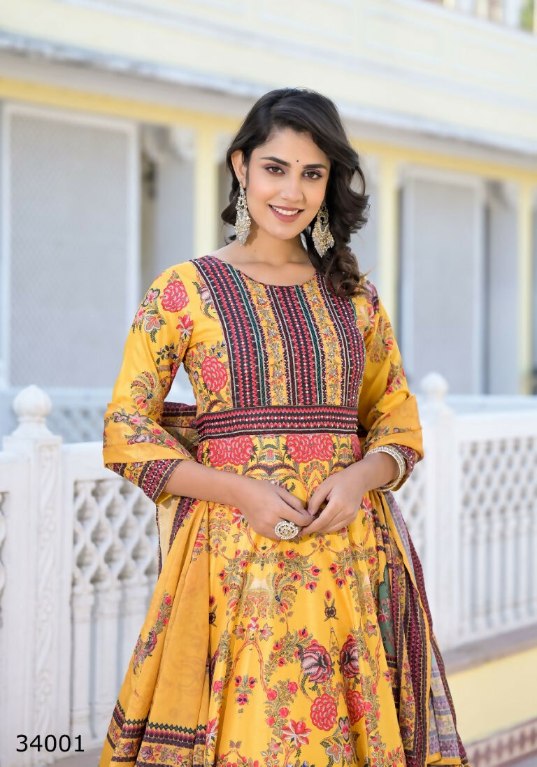Partywear Designer Yellow Dola Silk Anarkali suit with Dupatta - Suzen | Grocsy