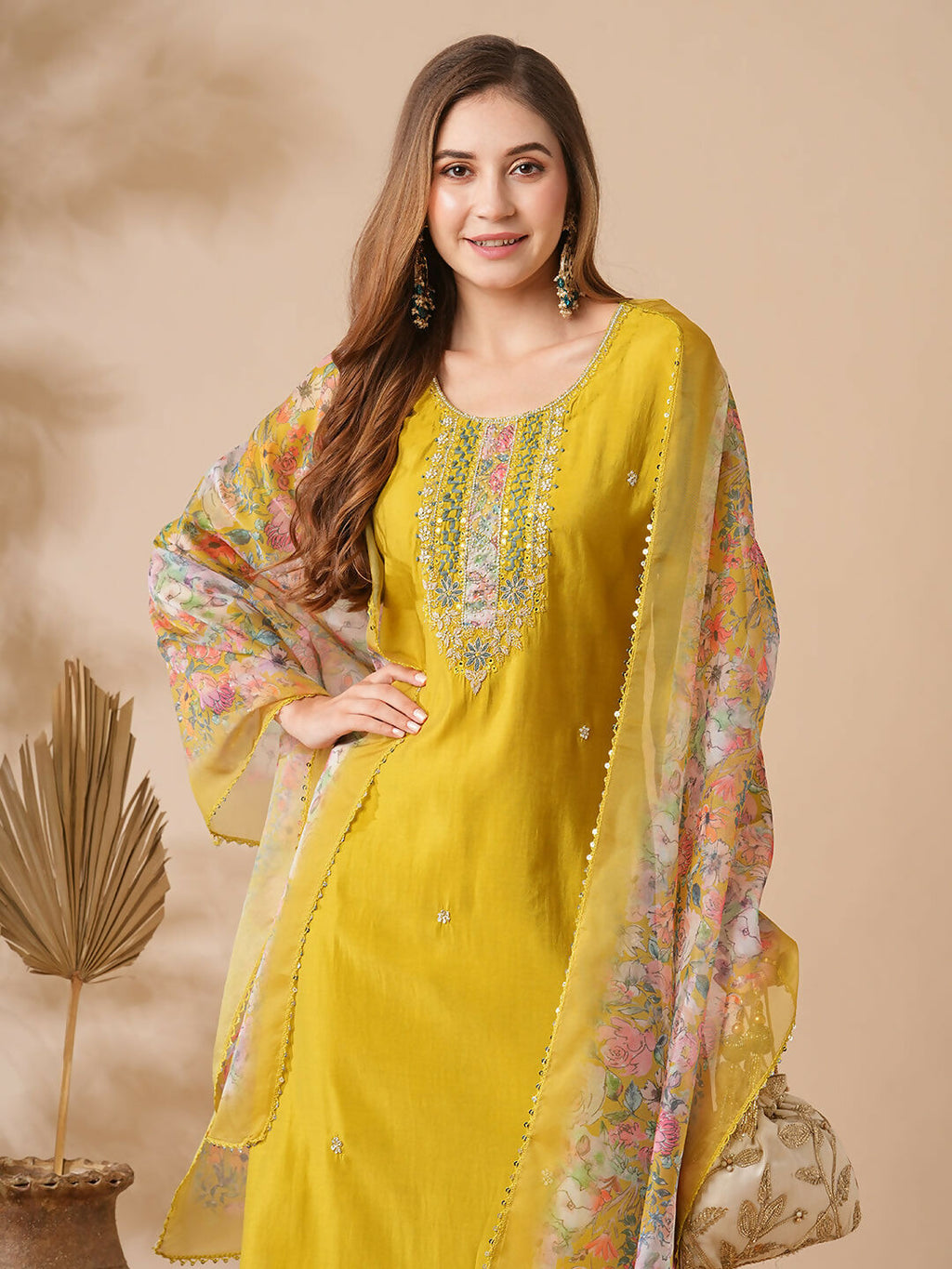 The52 Women's Beautiful Viscose Chanderi Fabric Embroidery Work Straight Kurta Pant and Dupatta Set | Grocsy