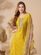 The52 Women's Beautiful Viscose Chanderi Fabric Embroidery Work Straight Kurta Pant and Dupatta Set | Grocsy