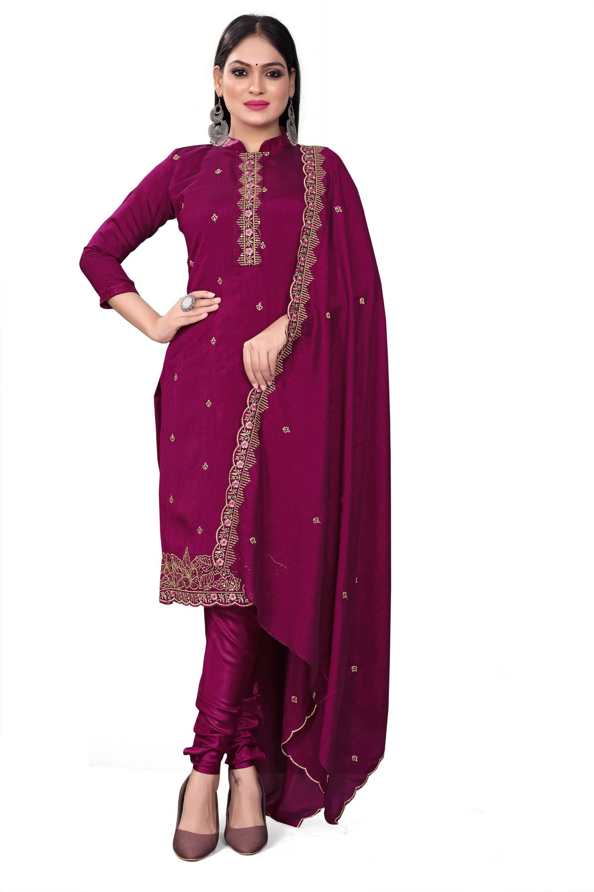 Purple Silk Embroidered with Sequins work Unstitched Dress Material - Tanvi | Grocsy