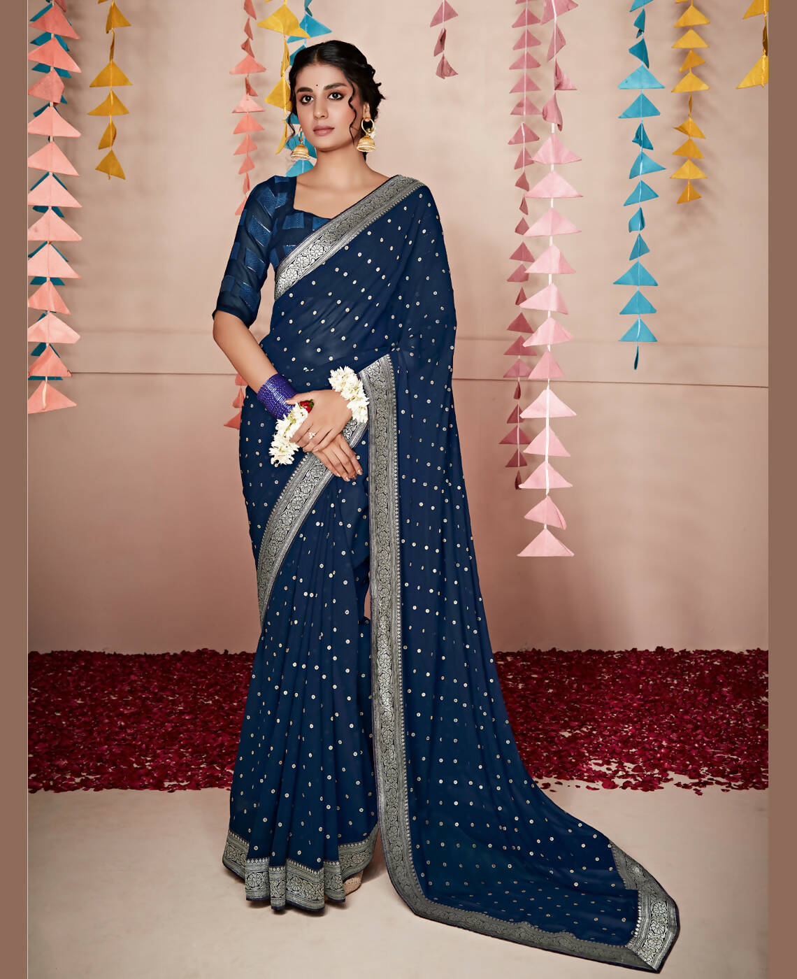 Blue Georgette Foil Printed Saree With Unstitched Blouse Piece - Nitya | Grocsy
