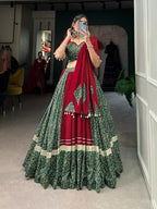 Vastranavya Navaratri Special Pure Cotton Printed With Gota Patti And Lace Touch Up Lehenga with Stitched Choli - Green | Grocsy