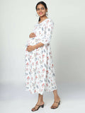 Manet Three Fourth Maternity Dress Floral Print With Concealed Zipper Nursing Access - White | Grocsy