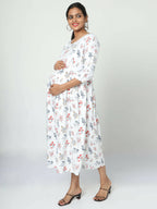 Manet Three Fourth Maternity Dress Floral Print With Concealed Zipper Nursing Access - White | Grocsy