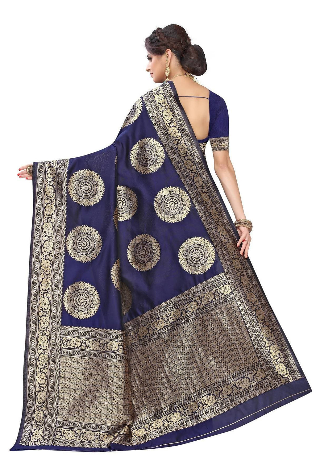 Vamika Traditional Banarasi Jacquard Weaving Navy Blue Saree | Grocsy
