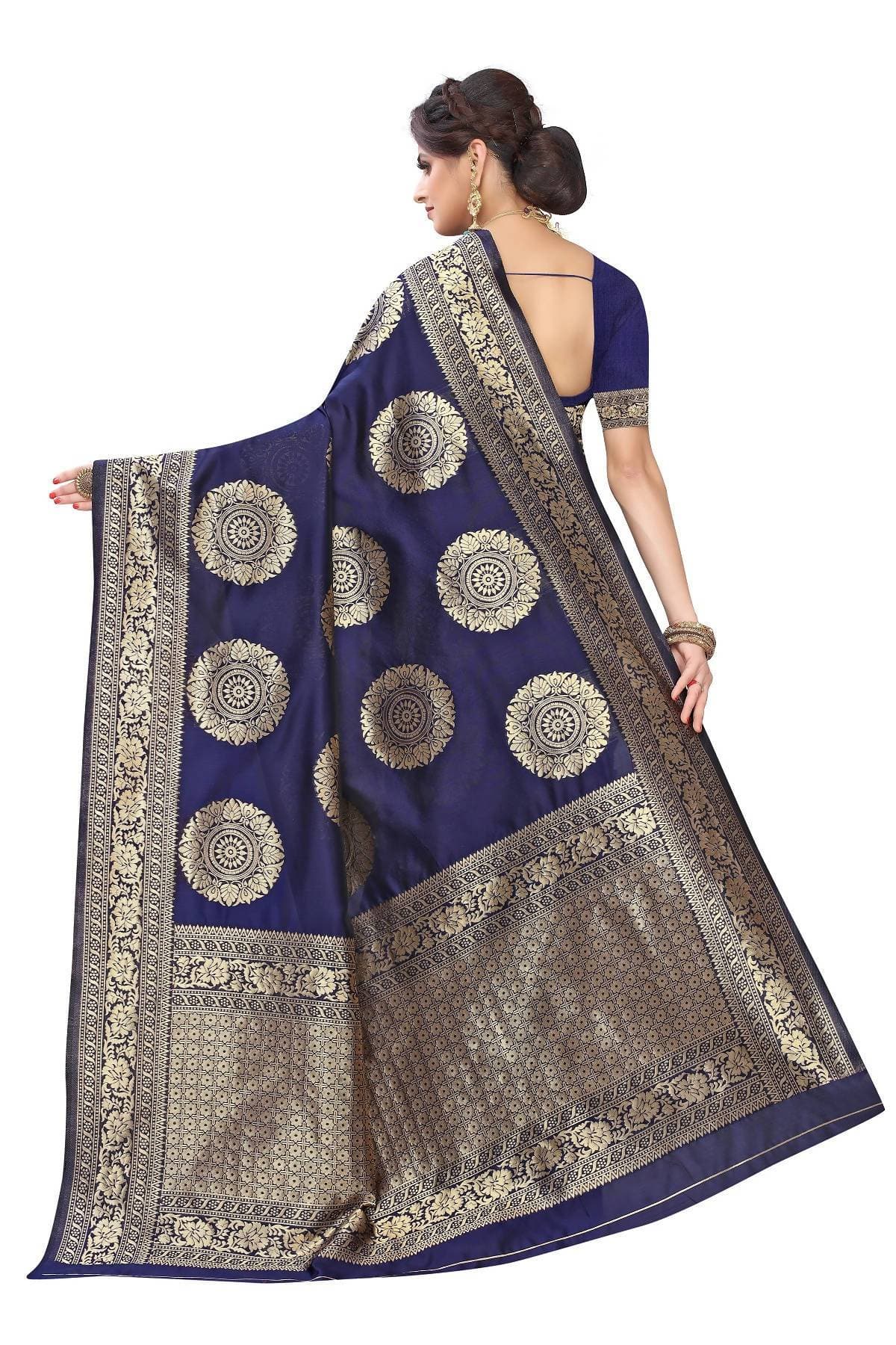 Vamika Traditional Banarasi Jacquard Weaving Navy Blue Saree | Grocsy