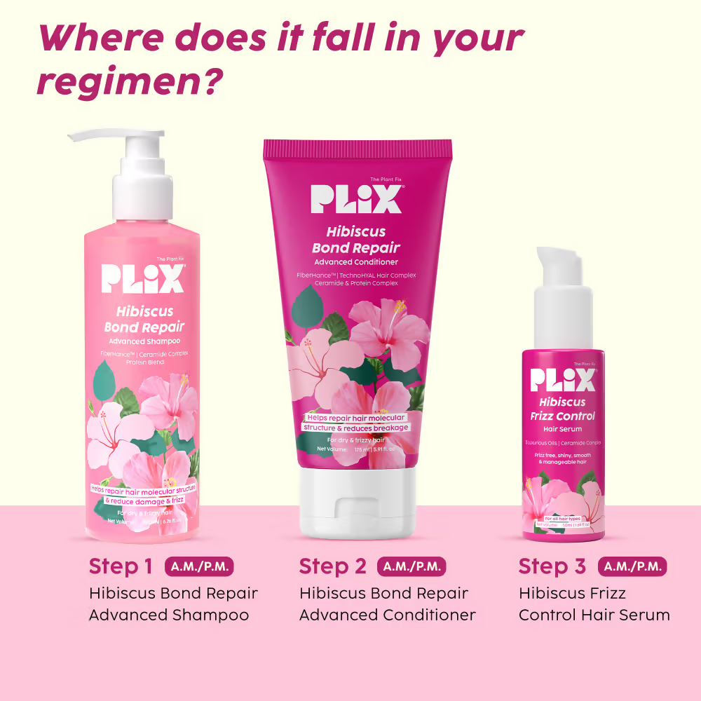 PLIX The Plant Fix Hibiscus Frizz Control Hair Serum + Bond Repair Advanced Shampoo | Grocsy