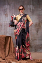 Vastranavya Black Satin Silk Printed Saree with a Natural Silk Unstitched Blouse | Grocsy