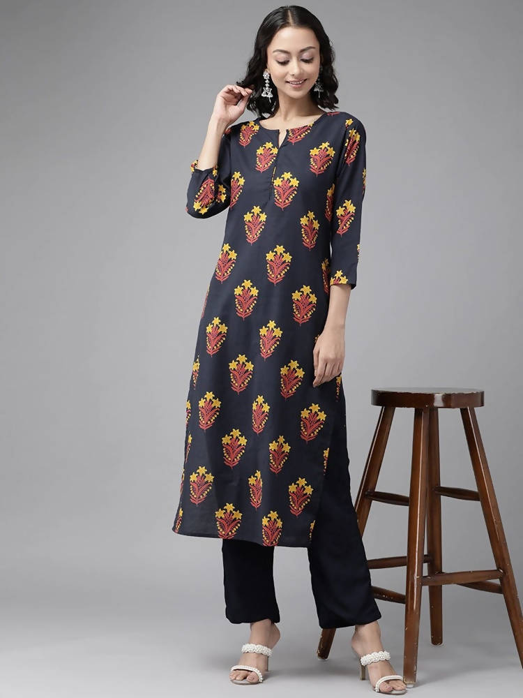 Yufta Navy Blue And Black Kurta And Palazzo Set | Grocsy