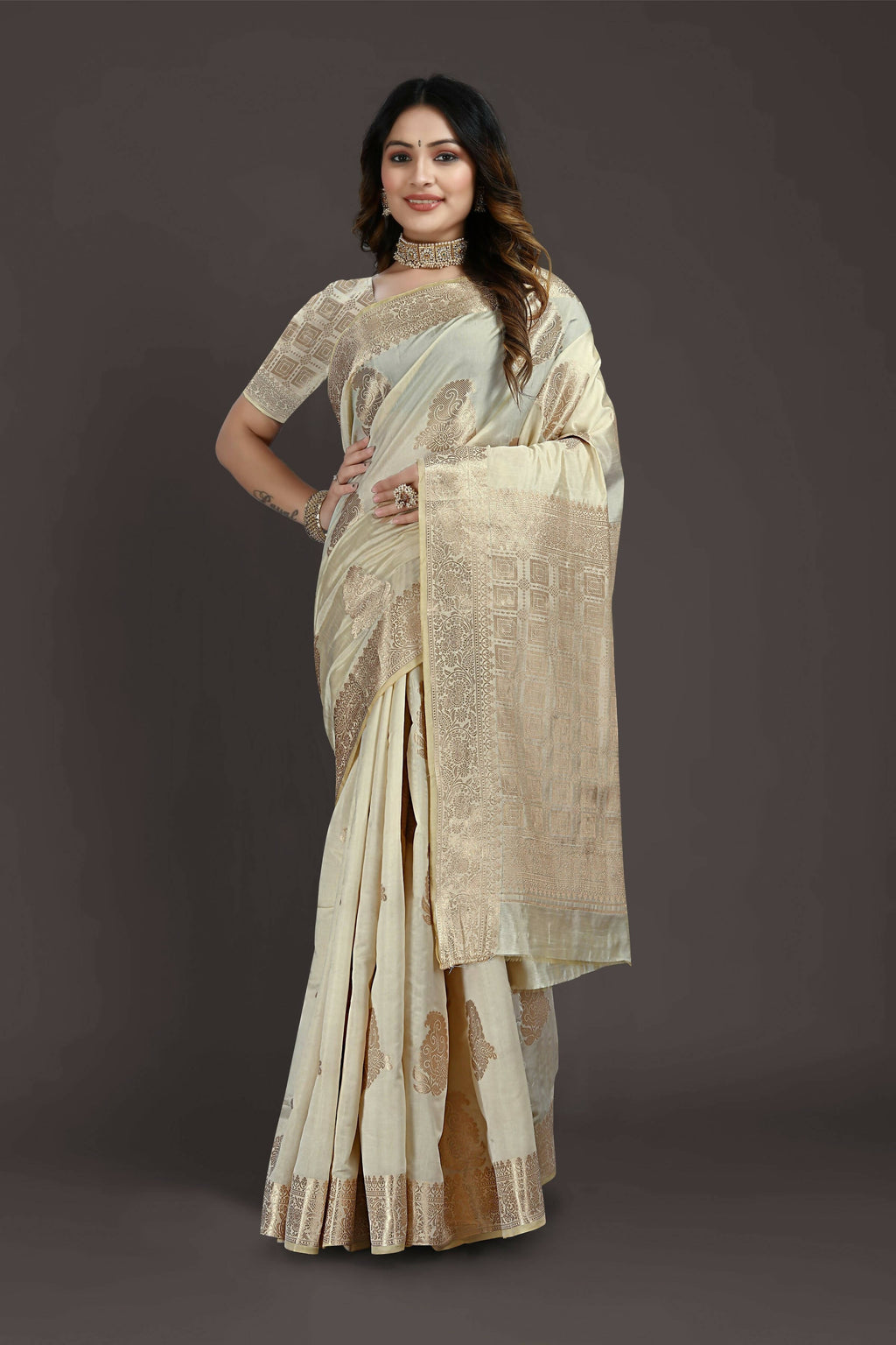 Off White Pure Raw Silk Zari Woven Saree with Unstitched Blouse Piece - Alisha | Grocsy