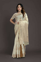 Off White Pure Raw Silk Zari Woven Saree with Unstitched Blouse Piece - Alisha | Grocsy