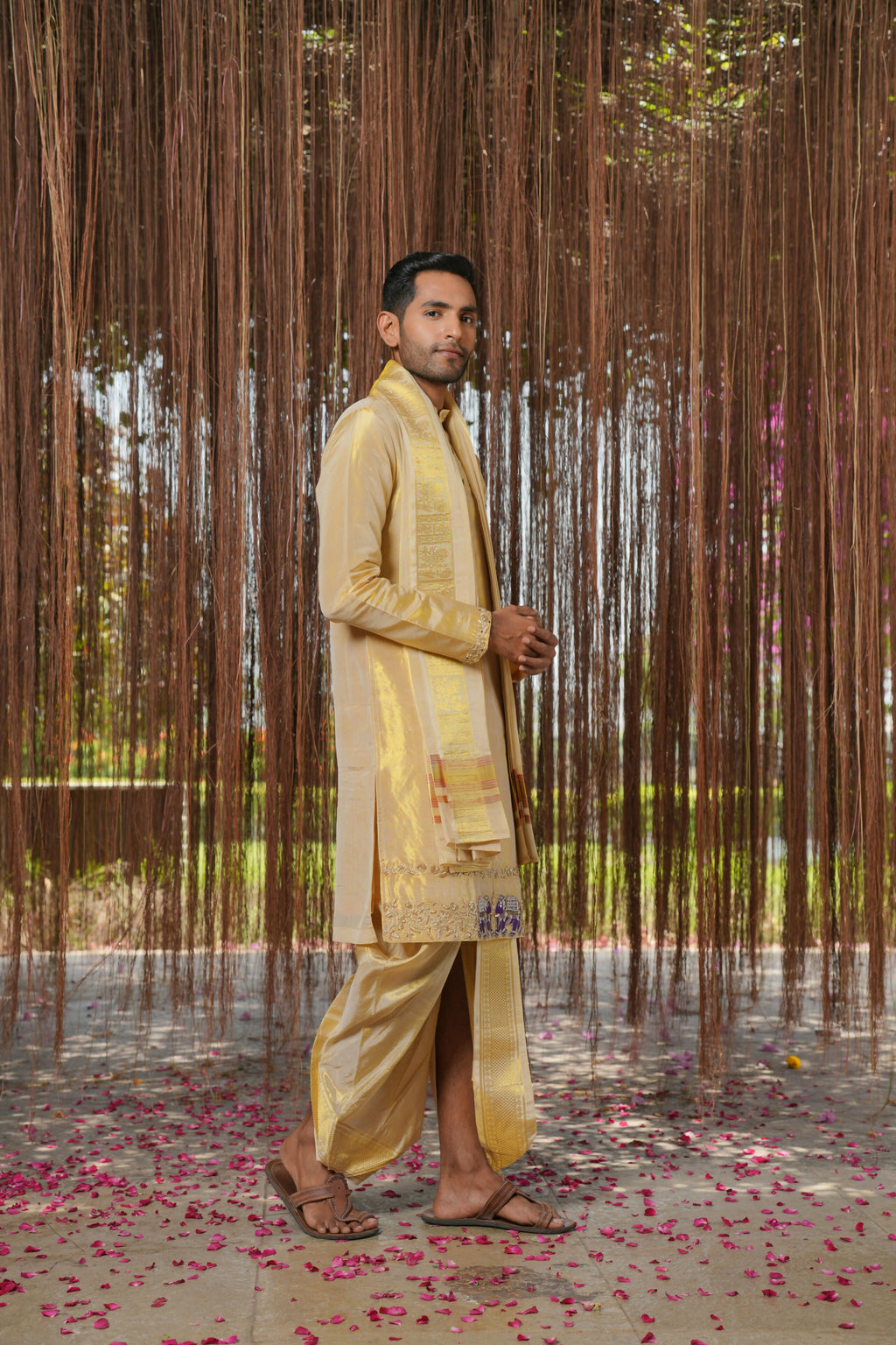 Gold Tissue Kanjivaram Machien Embroidered Pattu Set by Hilo Design | Grocsy