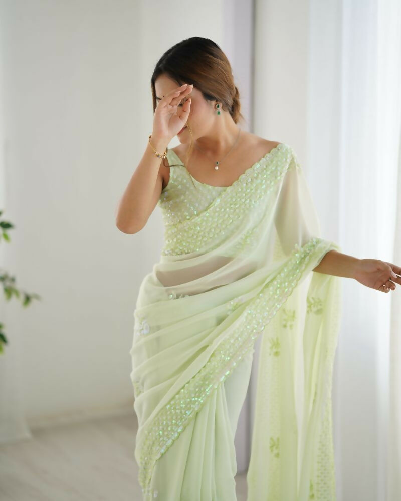Attractive Looking Georgette Thread, Sequance Embroidery Work Party Wear Saree - Pista | Grocsy