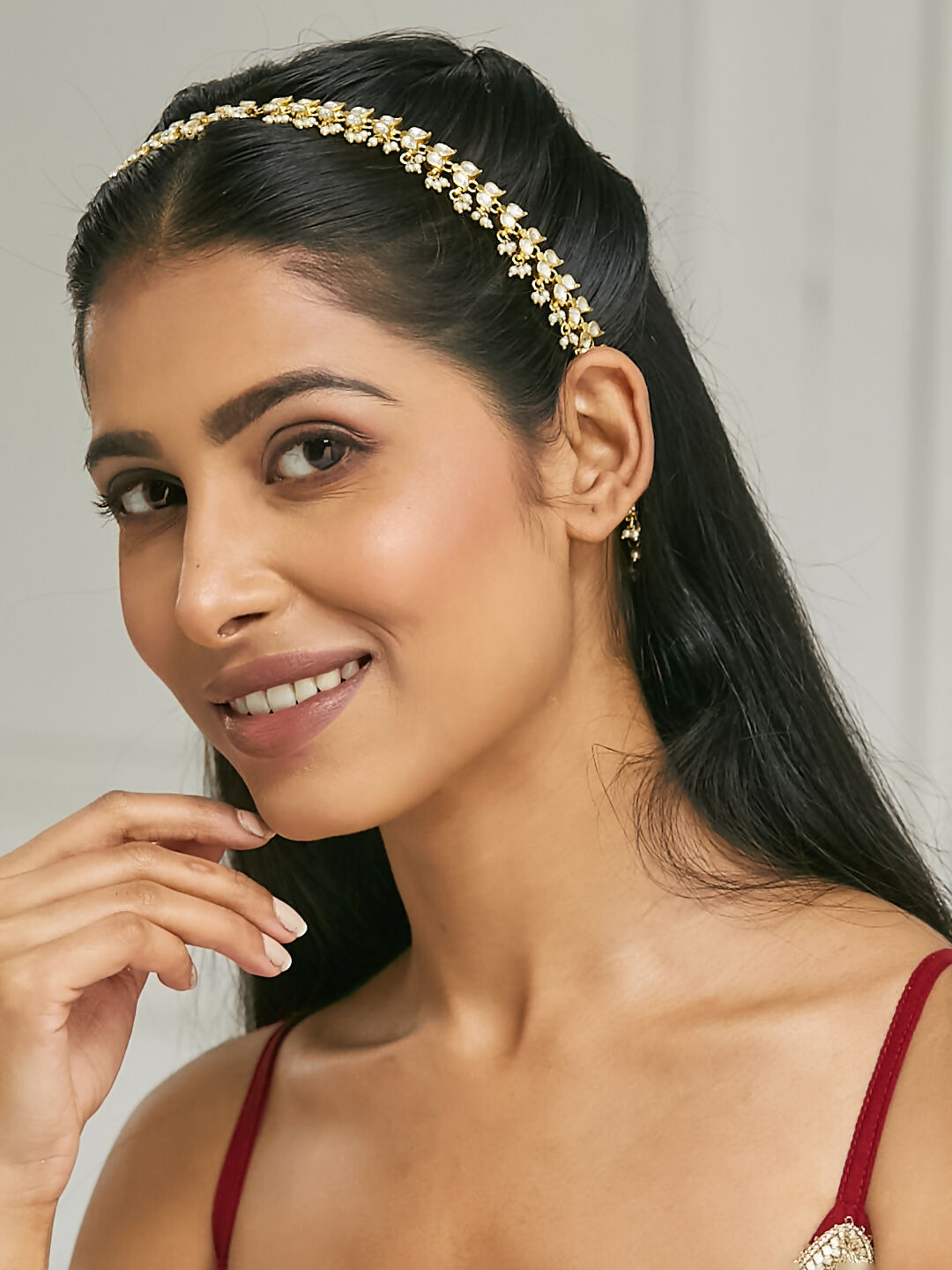 Nuyug 22K Gold-Plated Kundan & Pearl Studded Matha Patti Head Jewellery | Grocsy