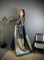 Joban Fashion Grey Floral Jacquard Woven Design Cotton Silk Banarasi Silk Saree | Grocsy