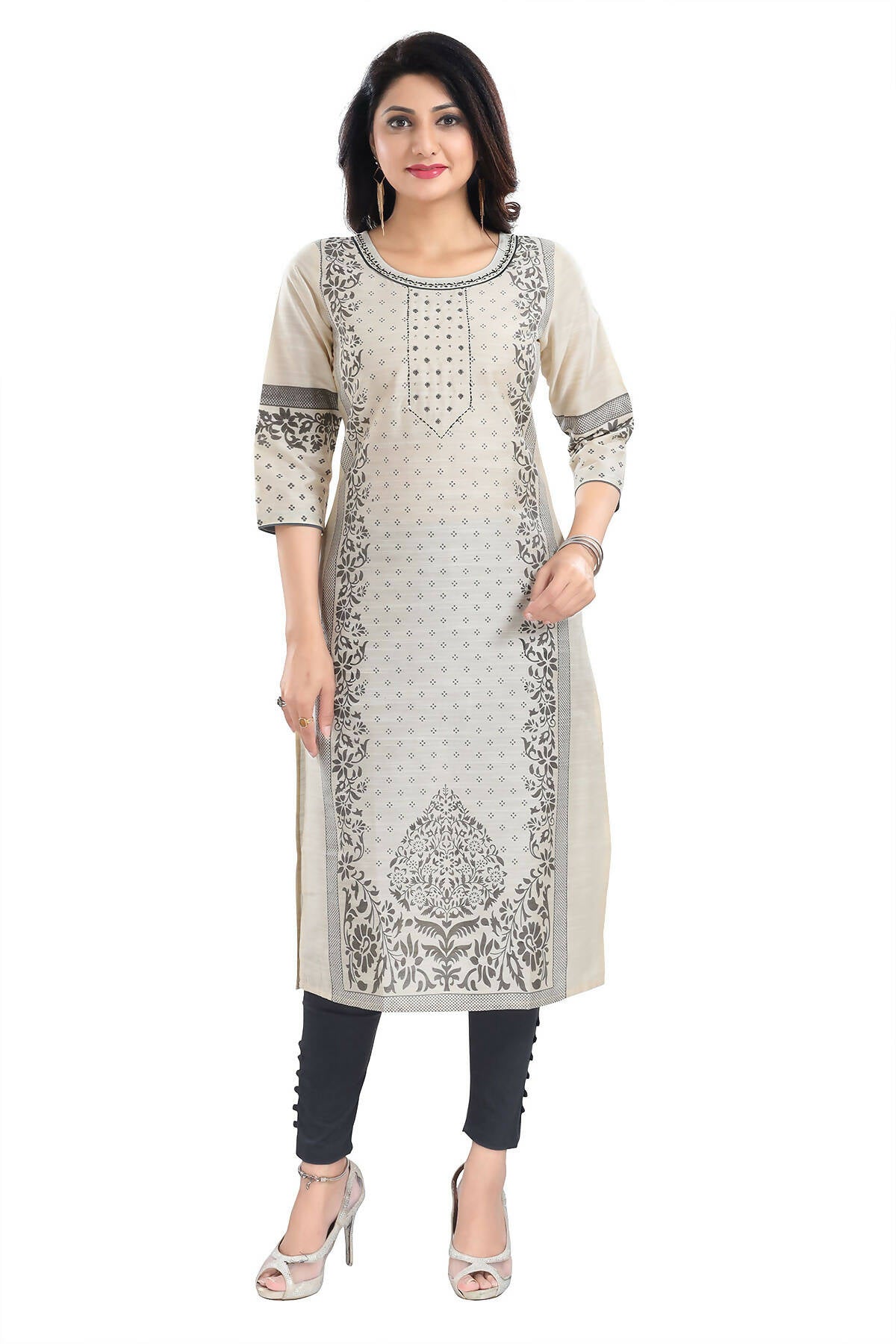 Snehal Creations Cream Raw Silk Block Print Long Kurta For Women | Grocsy