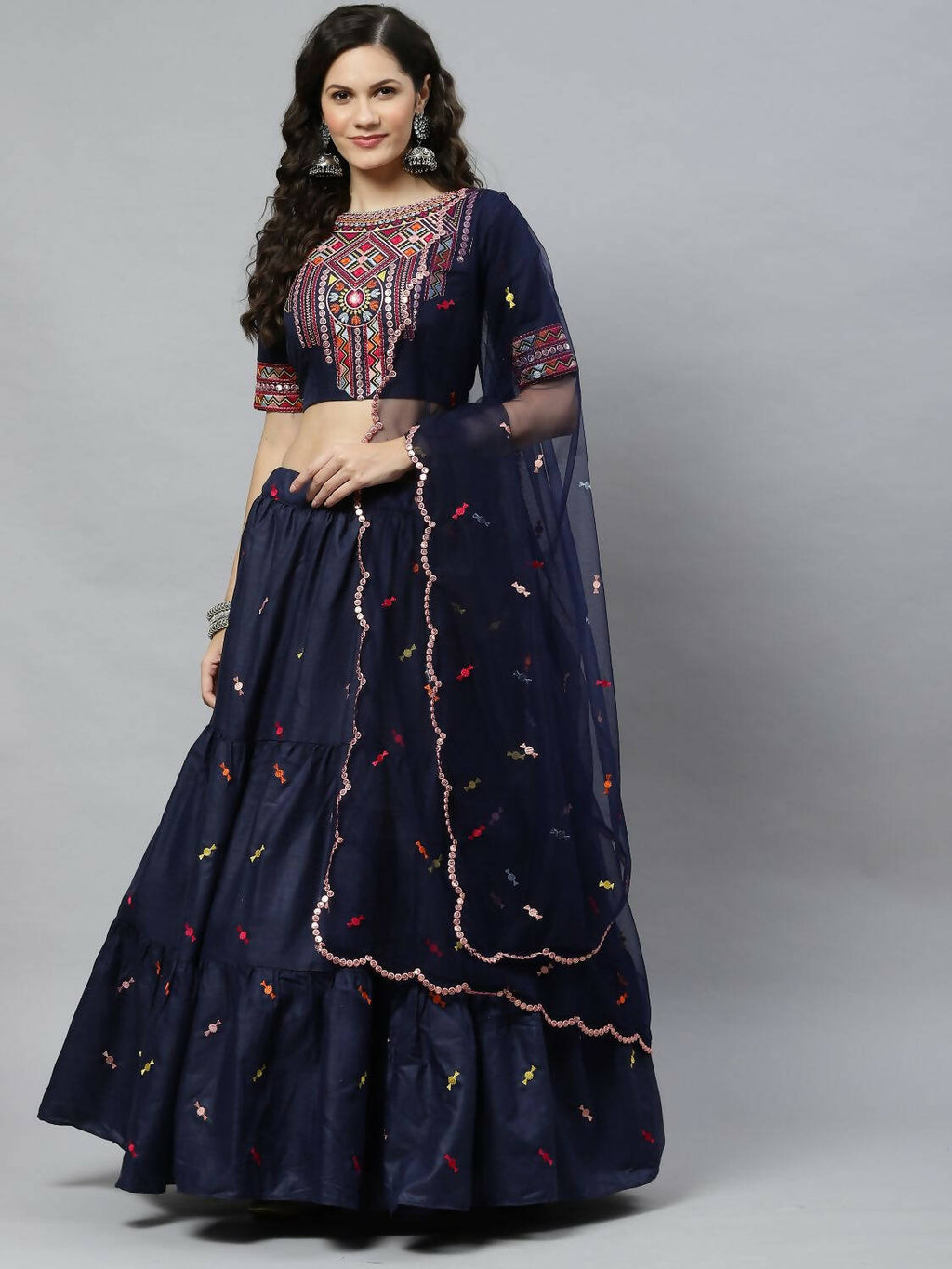 Navy Blue Cotton Embroidered Work Lehenga Choli with Dupatta - Jivika | Grocsy