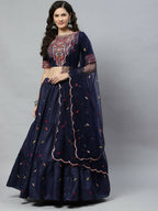 Navy Blue Cotton Embroidered Work Lehenga Choli with Dupatta - Jivika | Grocsy