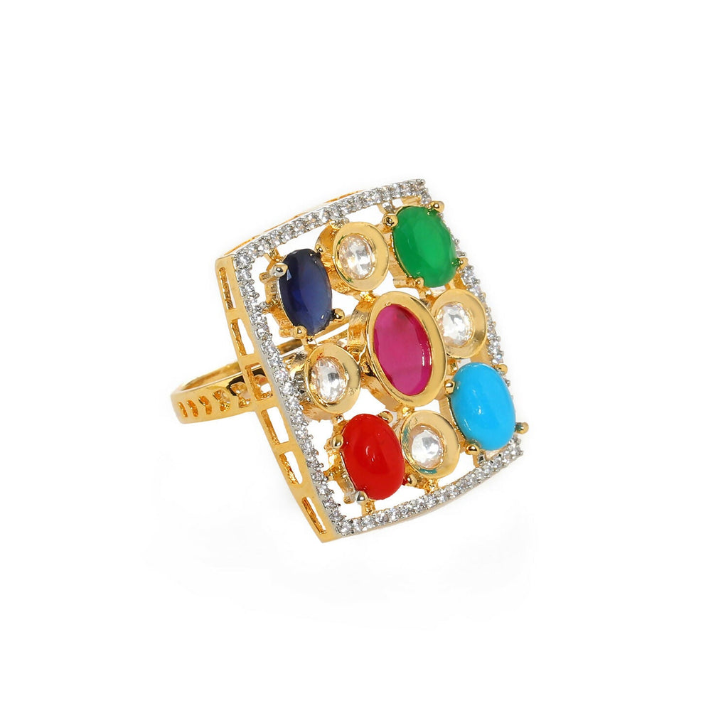 Navratan Kundan Ring (Multi Color) - Ruby Raang | Grocsy