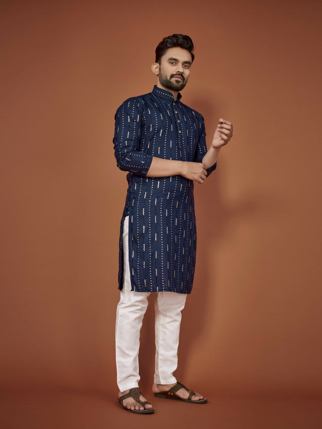 Anaita Navy Blue Embroidered Cotton Straight Kurta | Grocsy
