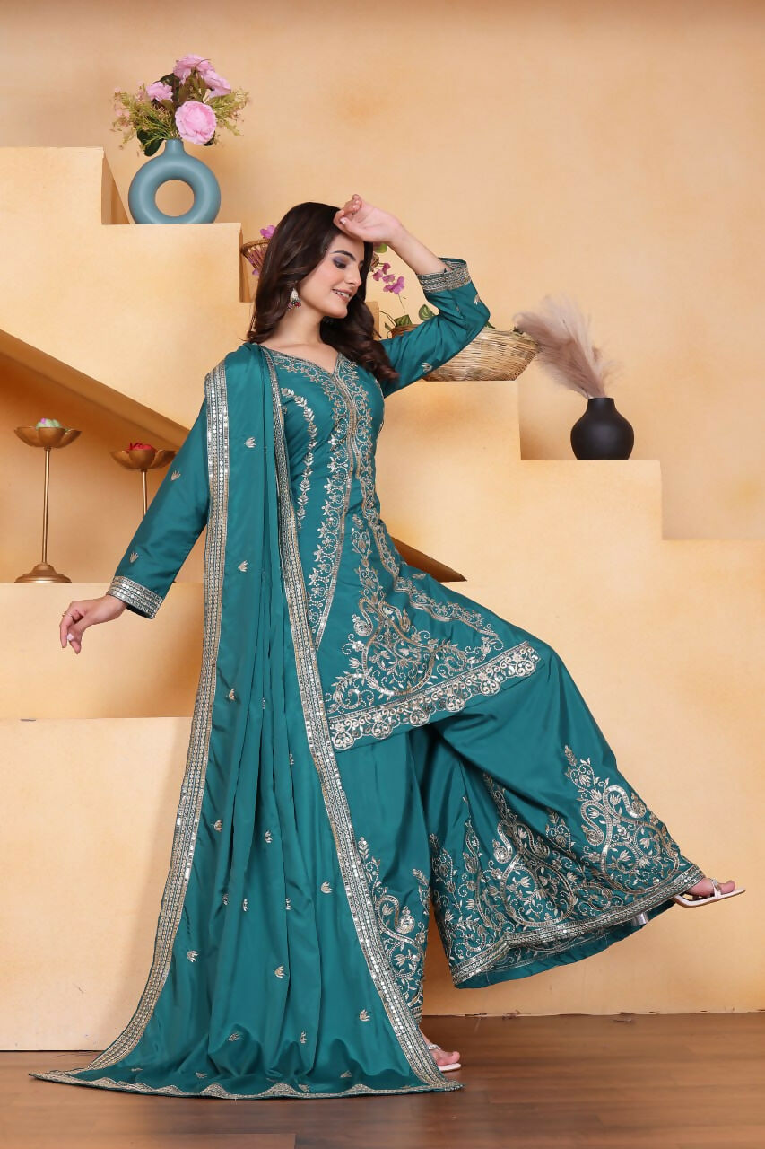 Teeya Creation Teal Color Natural Crepe Silk Wedding Wear Trending Palazzo Set | Grocsy