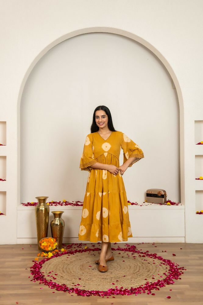 Joban Fashion Mustard Yellow Tie & Dye Cotton Dress | Grocsy