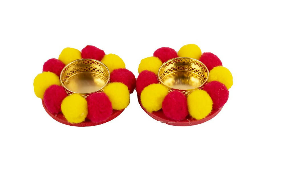 Kundan HandiKrafts Designer Floating Multi Coloured Pom Pom Candle Holders | Grocsy
