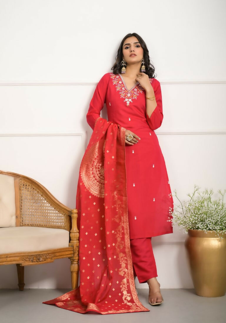 Festive Wear Ethnic Red Viscose Chanderi Stitched Suit With Dupatta - Tanisha | Grocsy