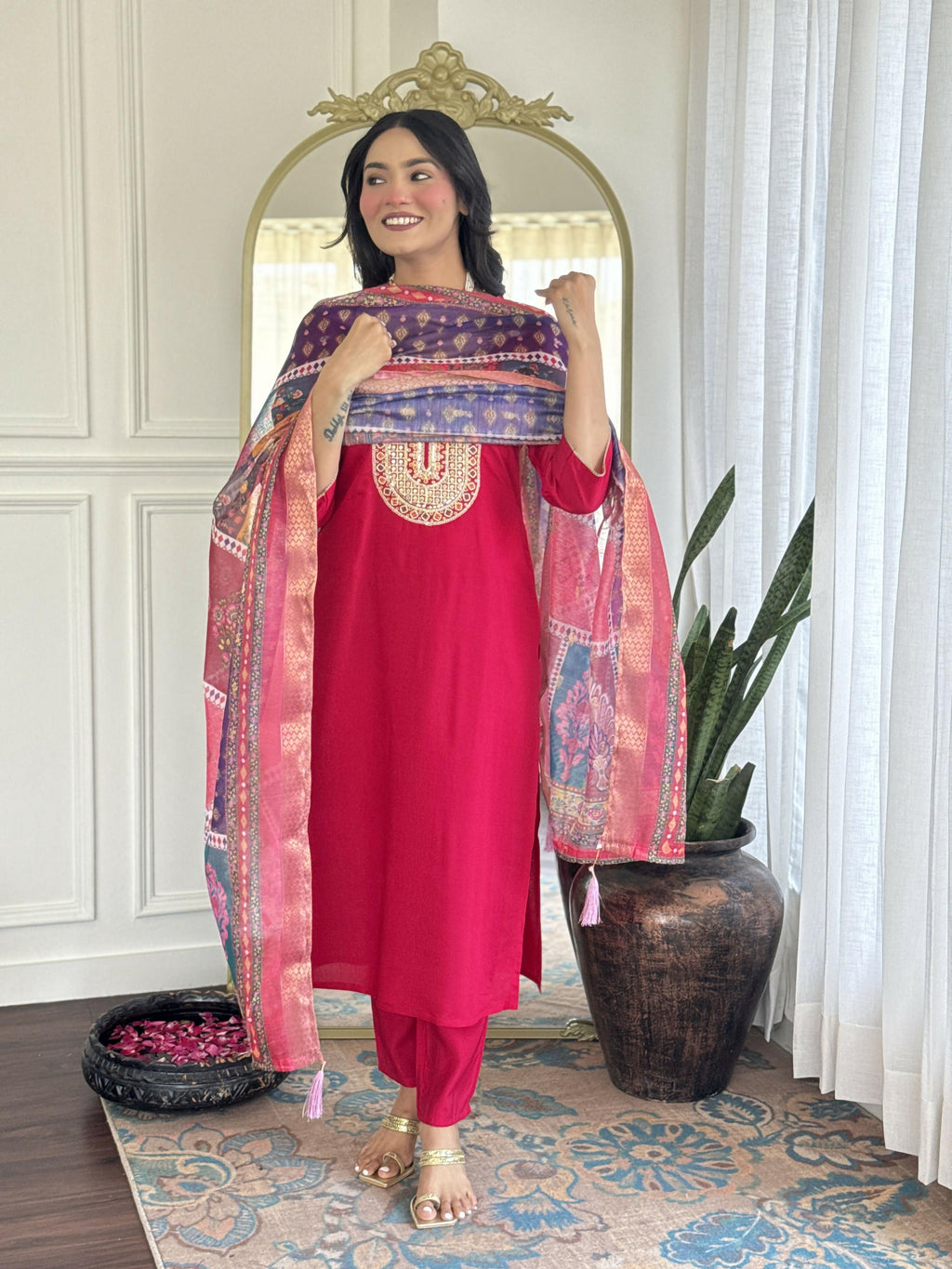 The52 Rani Gorgeous Embroidered Chanderi Silk Fabric Straight Kurta Pant with Dupatta Set | Grocsy