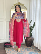 The52 Rani Gorgeous Embroidered Chanderi Silk Fabric Straight Kurta Pant with Dupatta Set | Grocsy