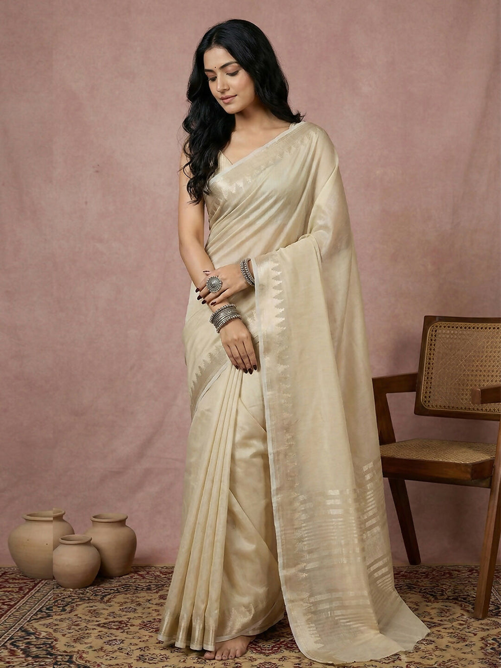 Shree Shyam Fashion Cream Cotton Saree | Grocsy