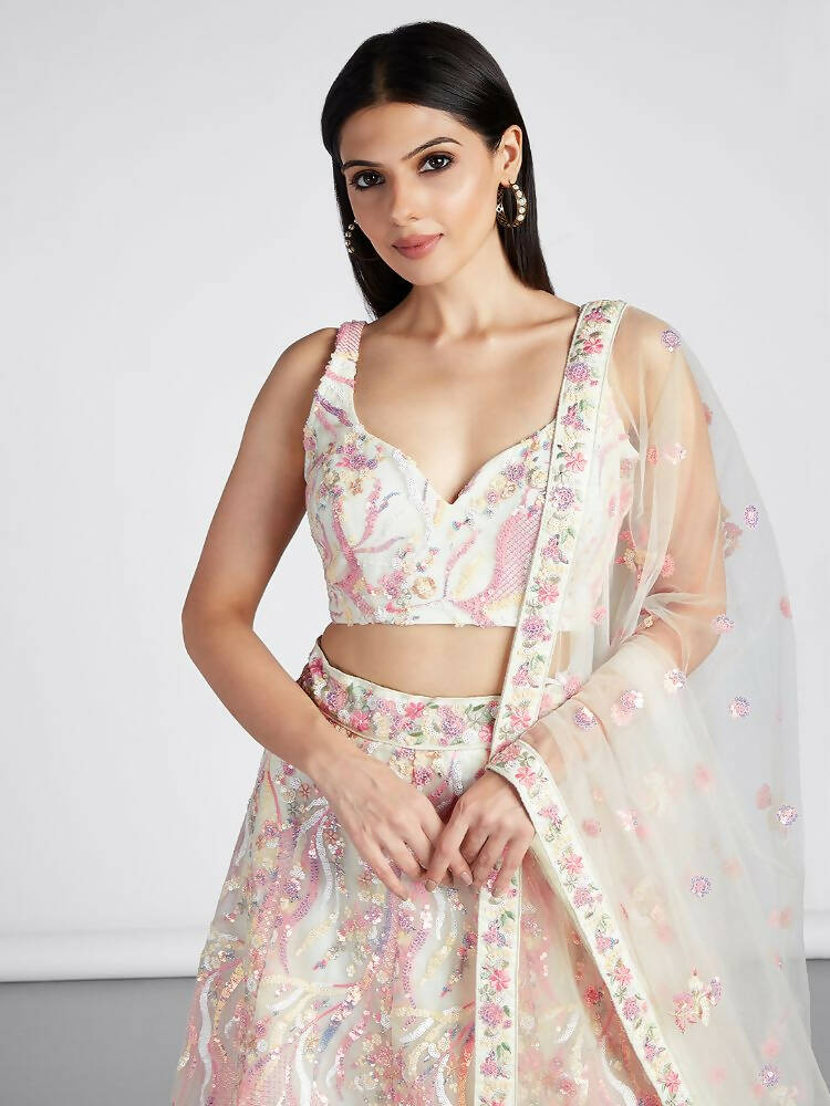 House of Panchhi Cream Net Sequins And Thread Embroidery Lehenga Choli & Dupatta | Grocsy