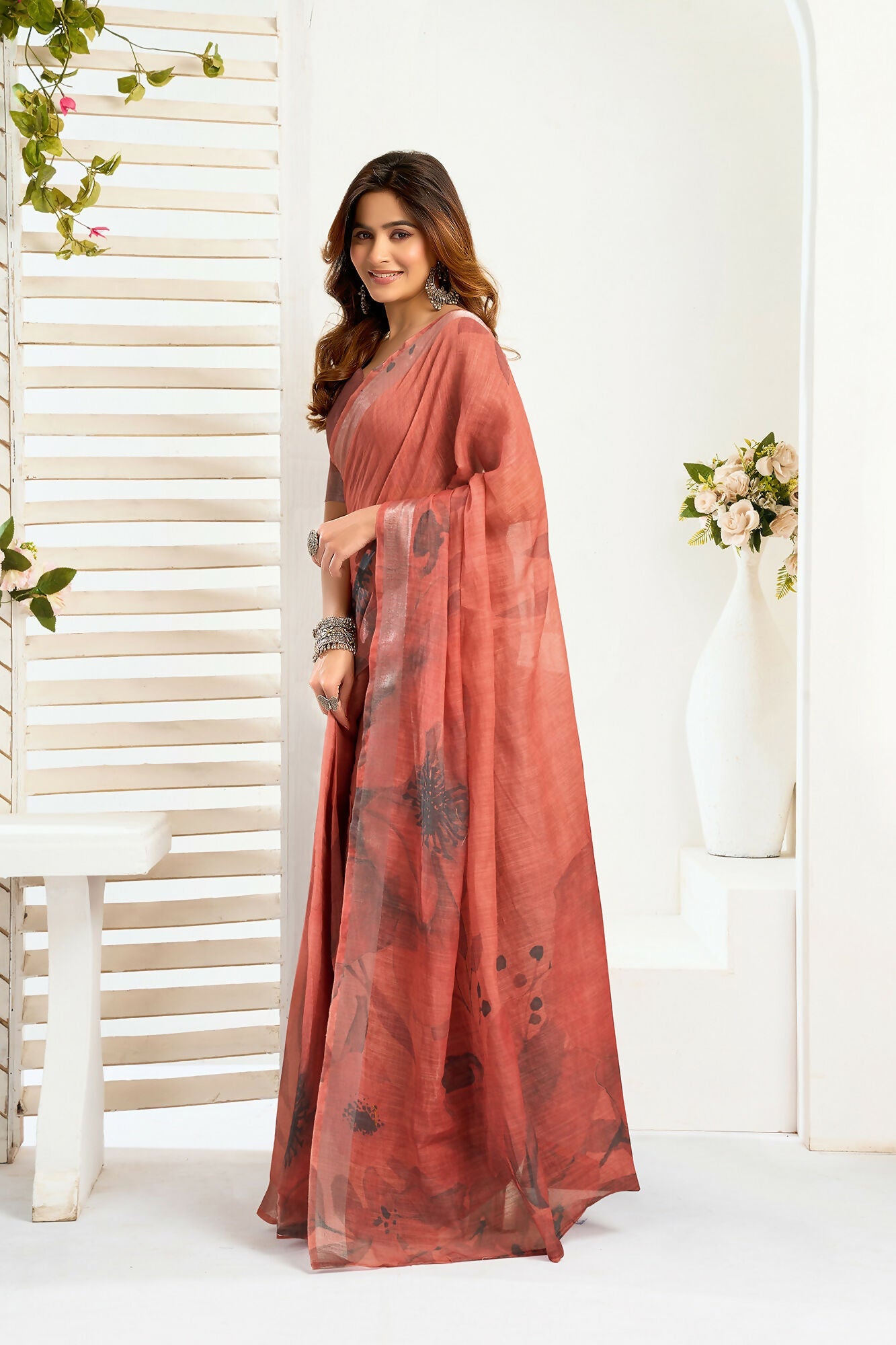 Vastranavya Brown Digital Printed Linen Ready To Wear Designer Saree with Unstitched Blouse | Grocsy