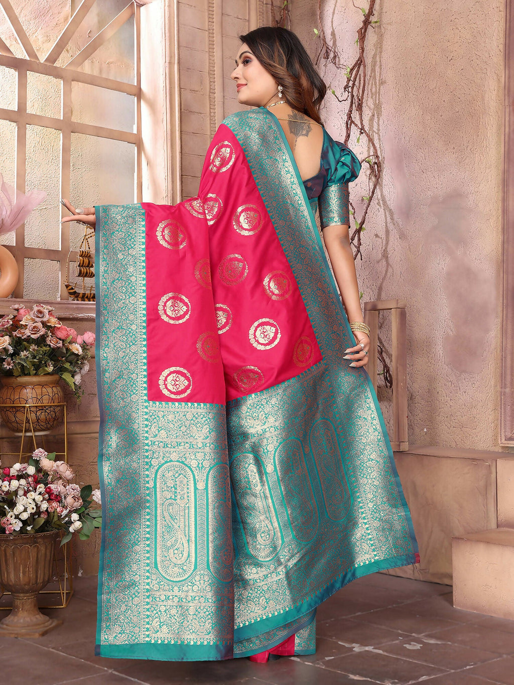 Joban Fashion Hot Pink Banarasi Soft Silk Woven Saree | Grocsy