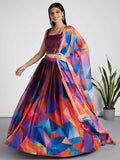 House of Panchhi Multi colour Organza Abstrack design digital print Semi-Stitched Lehenga choli & Dupatta | Grocsy