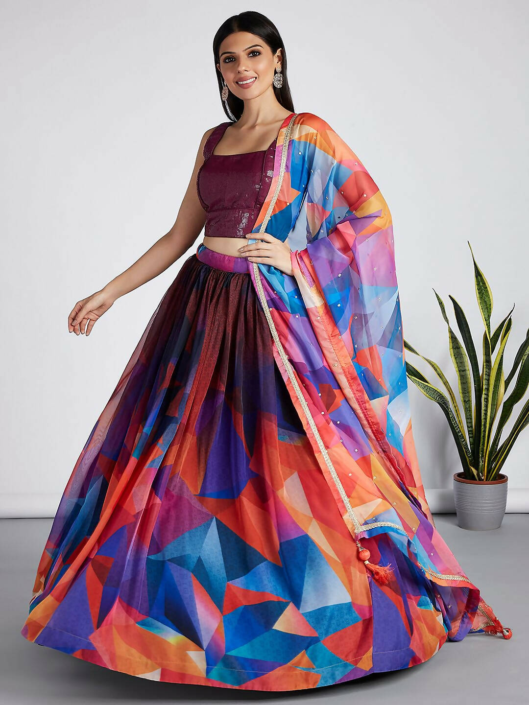 House of Panchhi Multi colour Organza Abstrack design digital print Semi-Stitched Lehenga choli & Dupatta | Grocsy