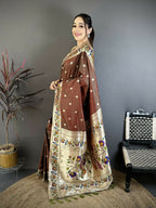 Prime Volt Premium Soft Silk Mayur Paithani Saree with Peacock Meena Weaving & Rich Pallu-Brown | Grocsy