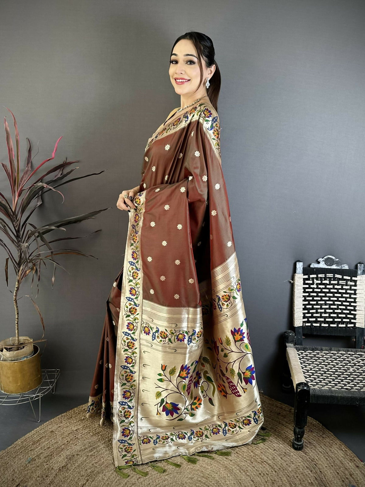 Prime Volt Premium Soft Silk Mayur Paithani Saree with Peacock Meena Weaving & Rich Pallu-Brown | Grocsy