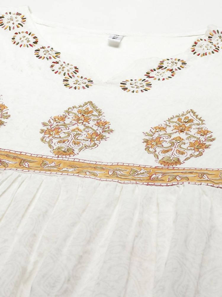Yufta White Ethnic Printed Flared Dress | Grocsy