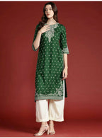 Cheera Women Stylish Hand Block Printed Cotton Blend Flared Kurta - Green | Grocsy