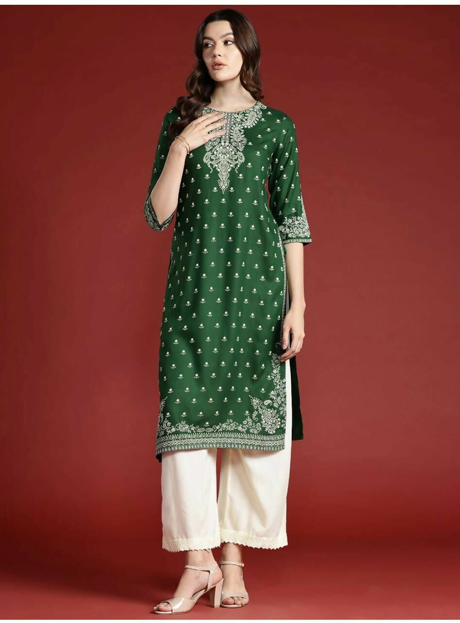 Cheera Women Stylish Hand Block Printed Cotton Blend Flared Kurta - Green | Grocsy