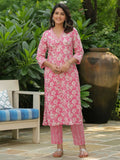 Aramya Straight Soft Cotton Floral Print Women's Kurta - Pink | Grocsy