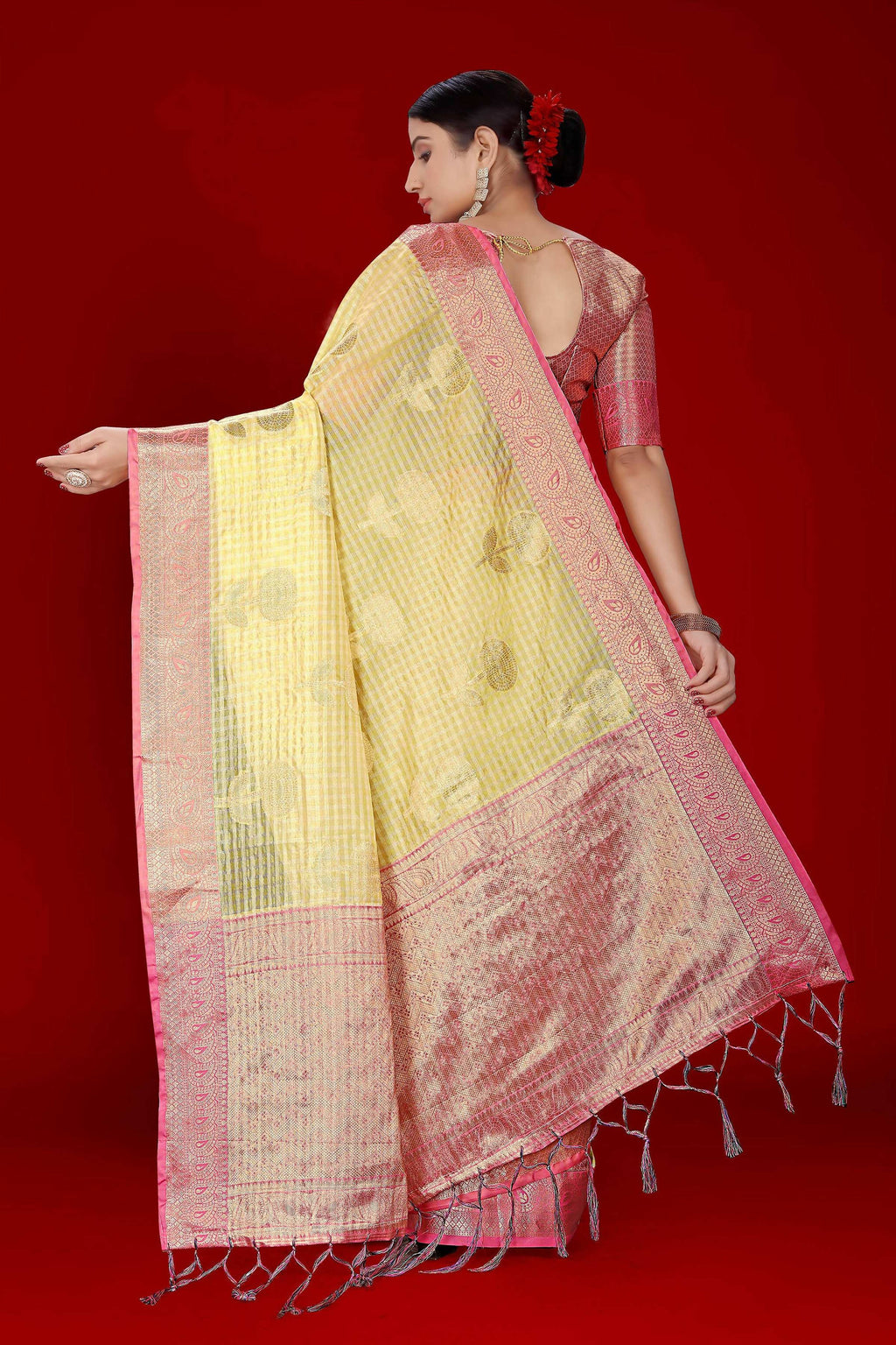 Yellow Soft Organza Woven Design Saree With Unstitched Blouse Piece - Zaara | Grocsy