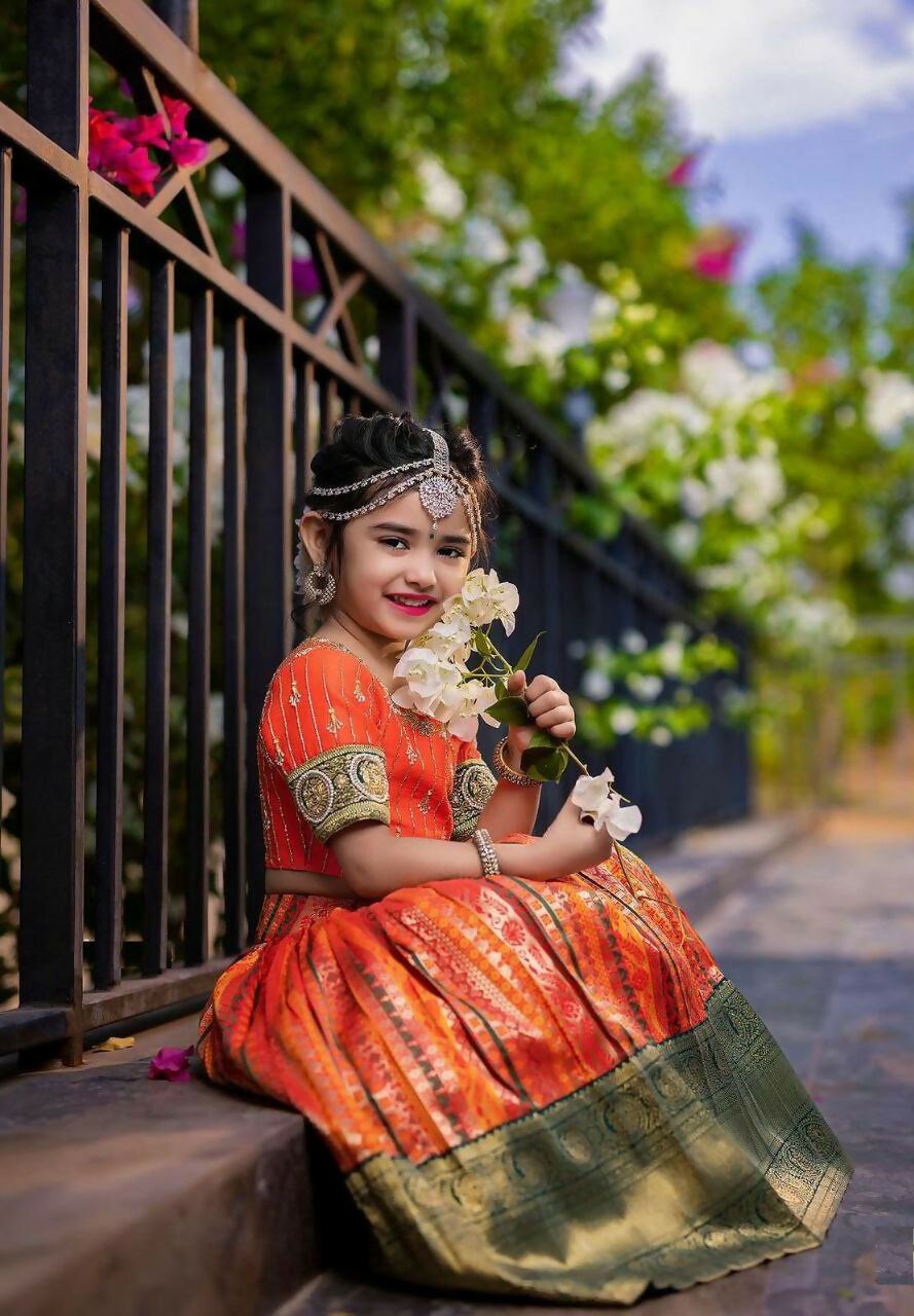 Jyoti Fashion Gorgeous Orange Pure Kota Silk Print with Zari Woven Kids Lehenga Choli Set | Grocsy