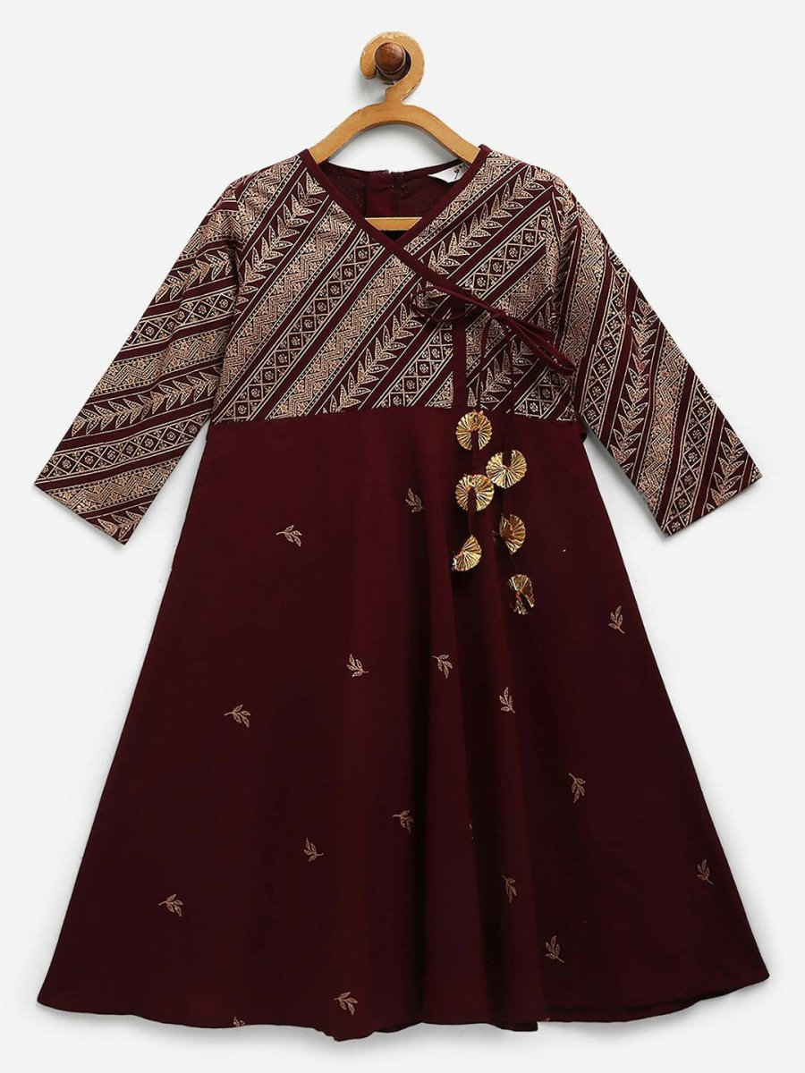 Ahalyaa Wine Crepe Glitter Print Kids Kurta For Girls | Grocsy