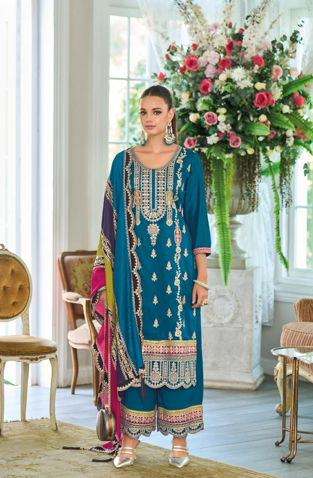 Anaita Teal Premium Embroidered Chinon Stitched Salwar Suit | Grocsy