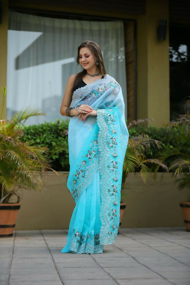 Vamsee Sanyogita Sanyogita - Sky Organza Saree | Grocsy